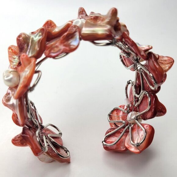 Coral Cuff Bracelet Freshwater Pearl and Mother Of Pearl Bangle NEW - Picture 2 of 8
